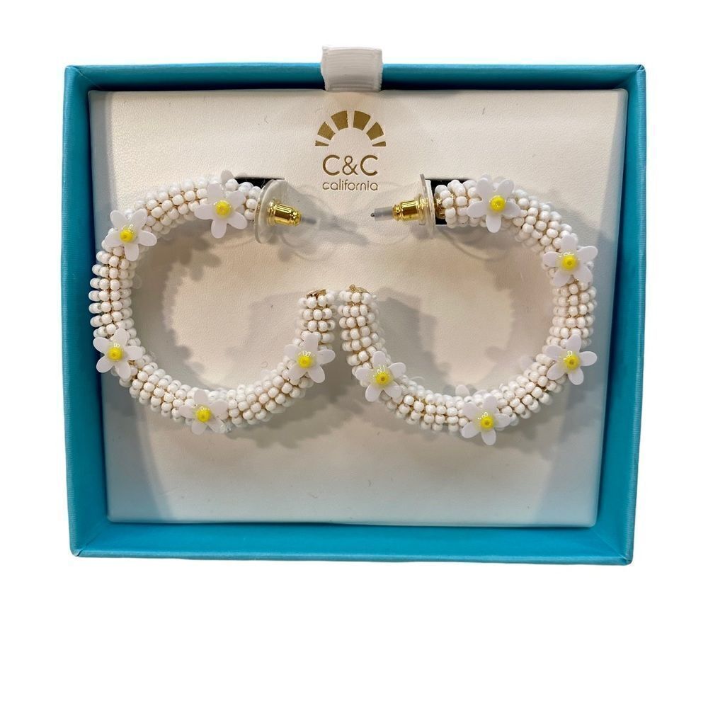 C&C California White Seed Bead 3/4 Hoops w/ 5 sweet daisy accents on each side